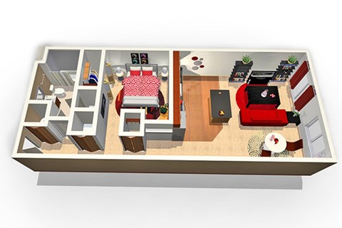 an overhead view of a living room with a red couch